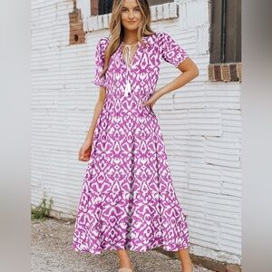 LIKE NEW Noracora hot pink & white IKAT print 3/4 sleeve maxi dress size XL